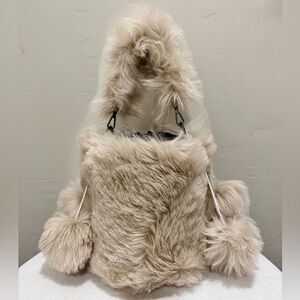 Beige Real Shearling Handmade Drawstring Bucket Bag Includes 4 Fur Balls Charm
